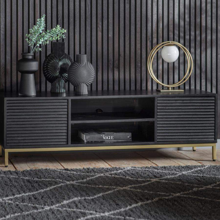 Black Rippled Wood 2 Door Media Unit - The Farthing