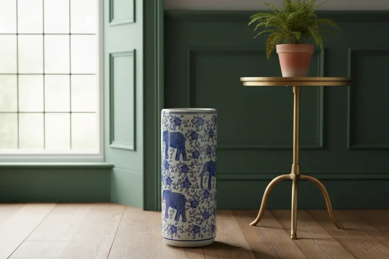 Tumbler with blue elephant design in a room with a window and plant