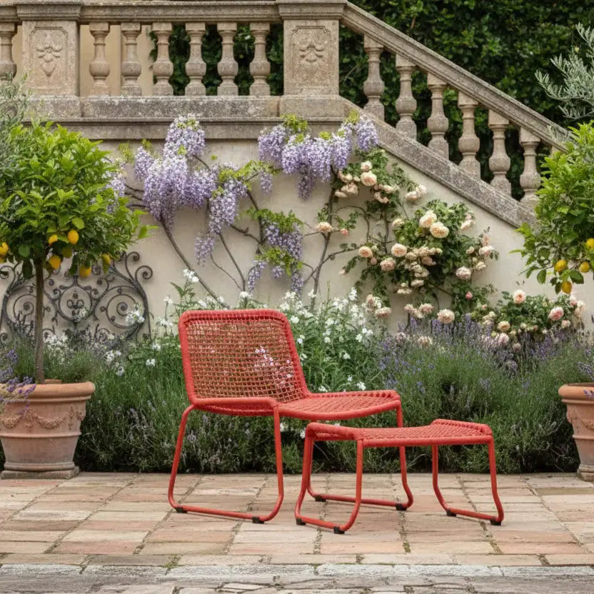 Bold Orange Rope Lounger Chair and Footstool