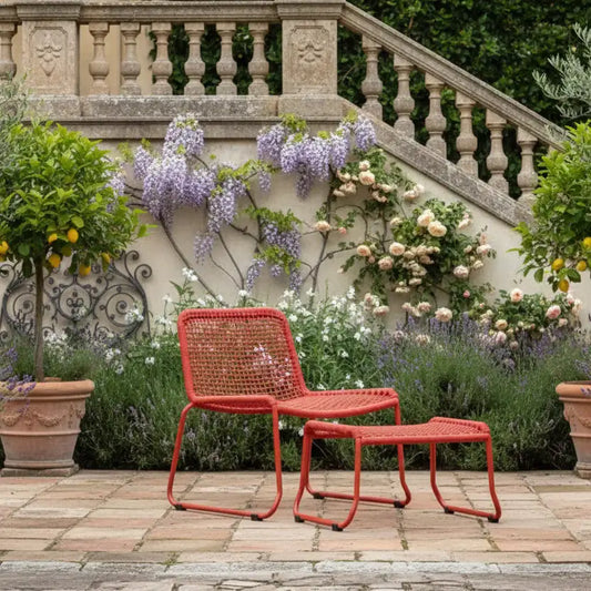 Bold Orange Rope Lounger Chair and Footstool