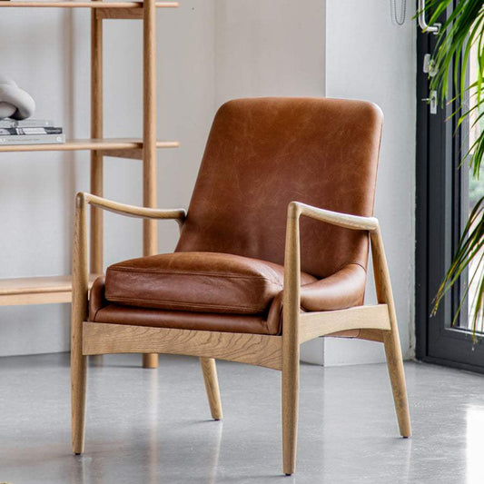 Brown Leather & Ash Wood Armchair - The Farthing