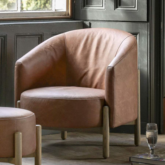 Brown Leather Armchair with Oak Legs - The Farthing