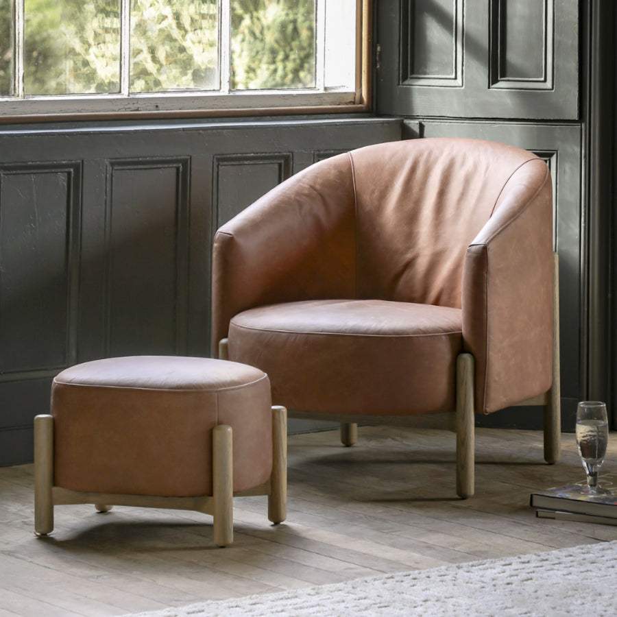 Brown Leather Armchair with Oak Legs - The Farthing