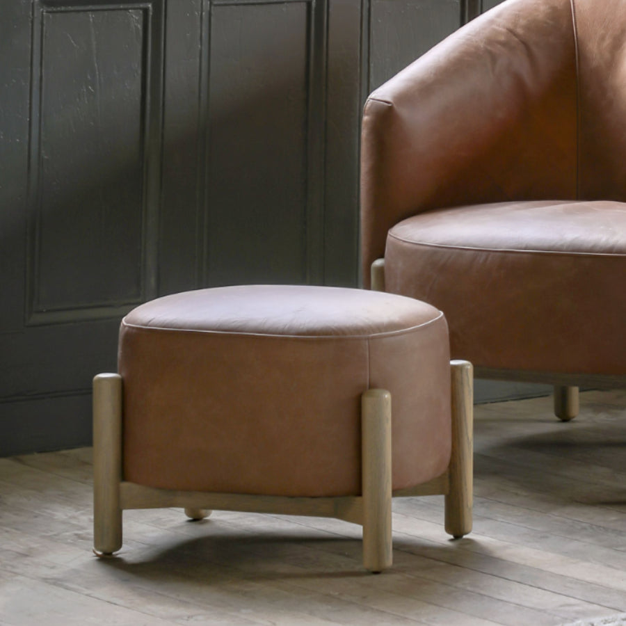 Brown Leather Footstool with Oak Legs - The Farthing