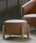 Brown Leather Footstool with Oak Legs - The Farthing