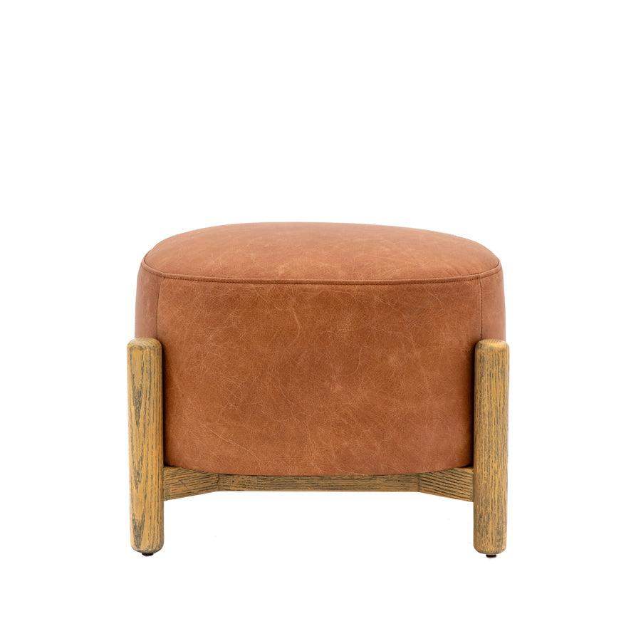 Brown Leather Footstool with Oak Legs - The Farthing