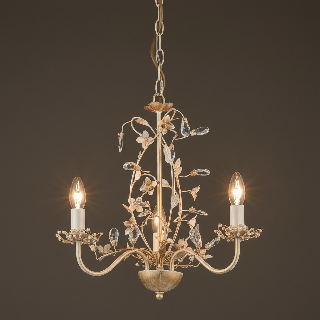 Decorative chandelier with two lit lights on a dark background