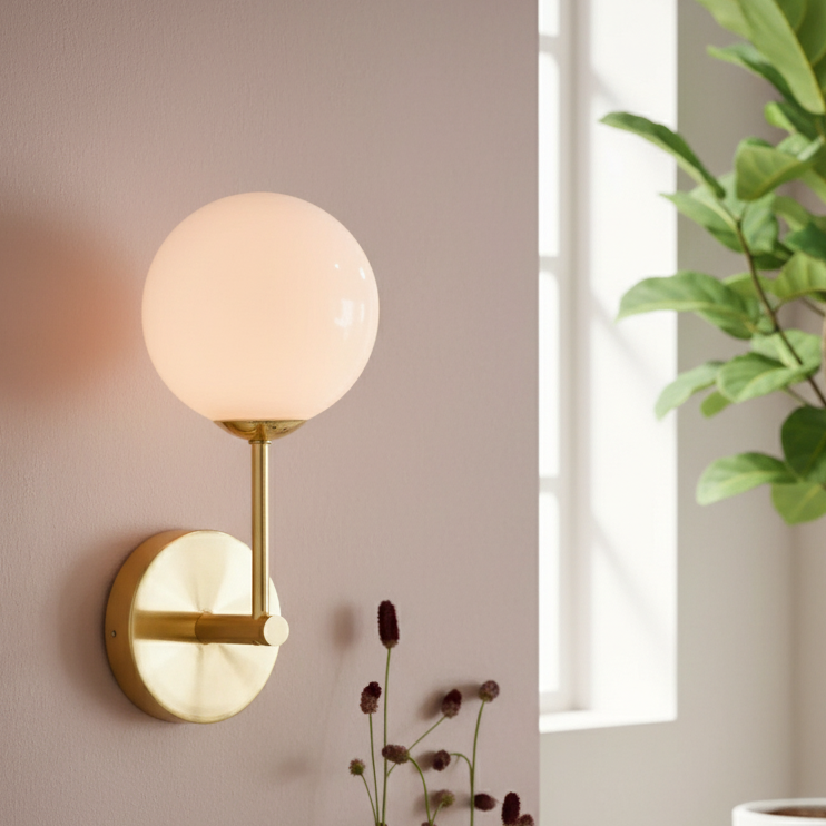 Modern wall sconce with a spherical glass shade in a room with a window and plant.