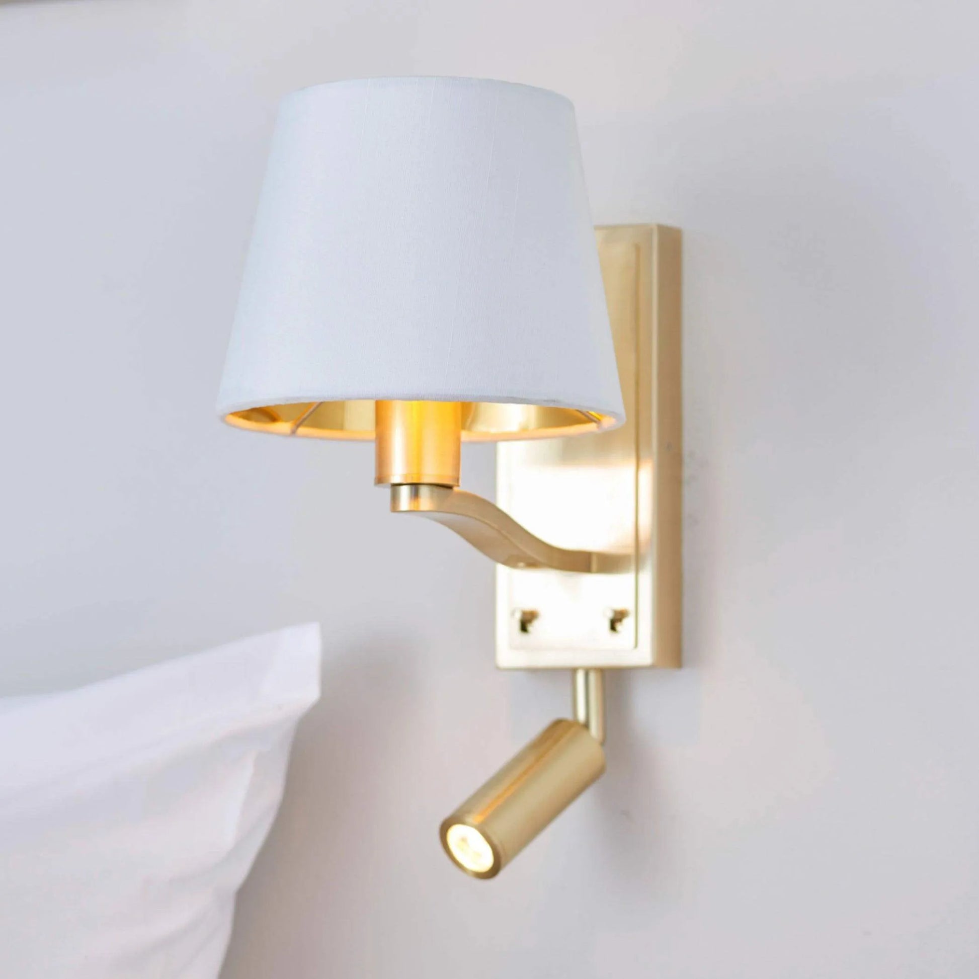 Brushed Satin Gold Wall Light with Shade & adjustable LED reading light - The Farthing