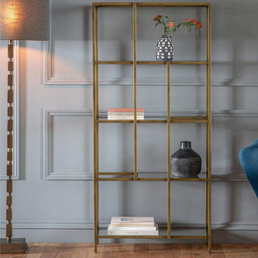 Burnished Bronze Metal and Glass Open Display Shelf Unit - The Farthing