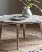 Carved White Washed Wood Round Coffee Table - The Farthing