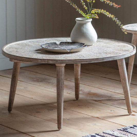 Carved White Washed Wood Round Coffee Table - The Farthing