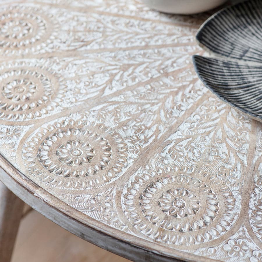 Carved White Washed Wood Round Coffee Table - The Farthing
