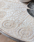 Carved White Washed Wood Round Coffee Table - The Farthing