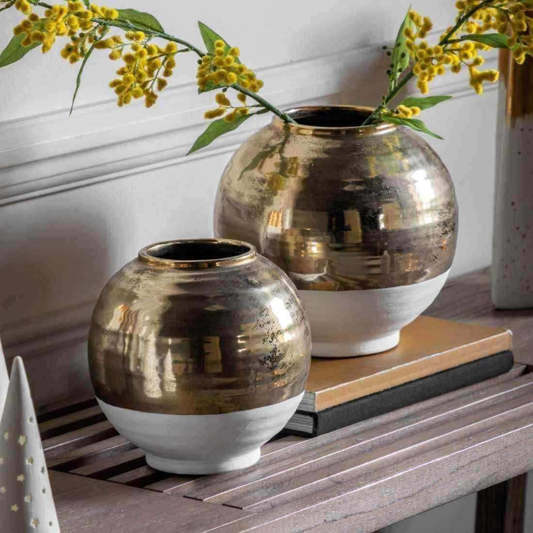 Ceramic White & Gold Round Vase - Choice of Size - The Farthing
