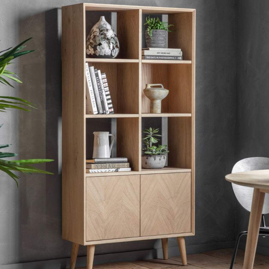 Chevron Fronted Oak 2 Door Open Display Shelf Unit - The Farthing