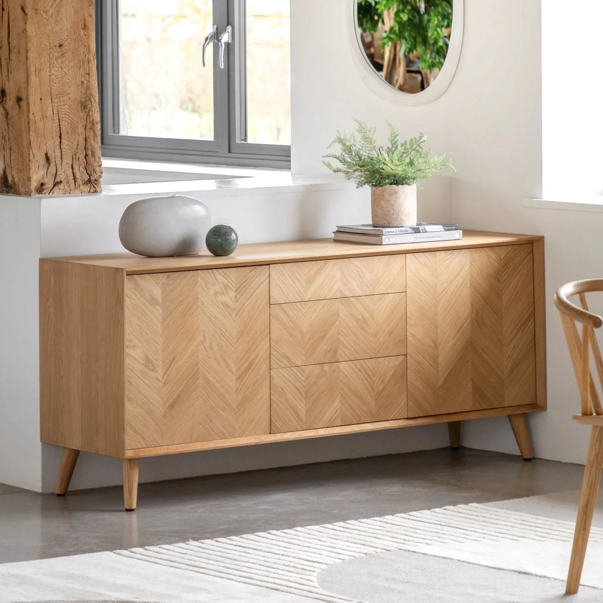 Chevron Fronted Oak 2Door 3Drawer Sideboard - The Farthing