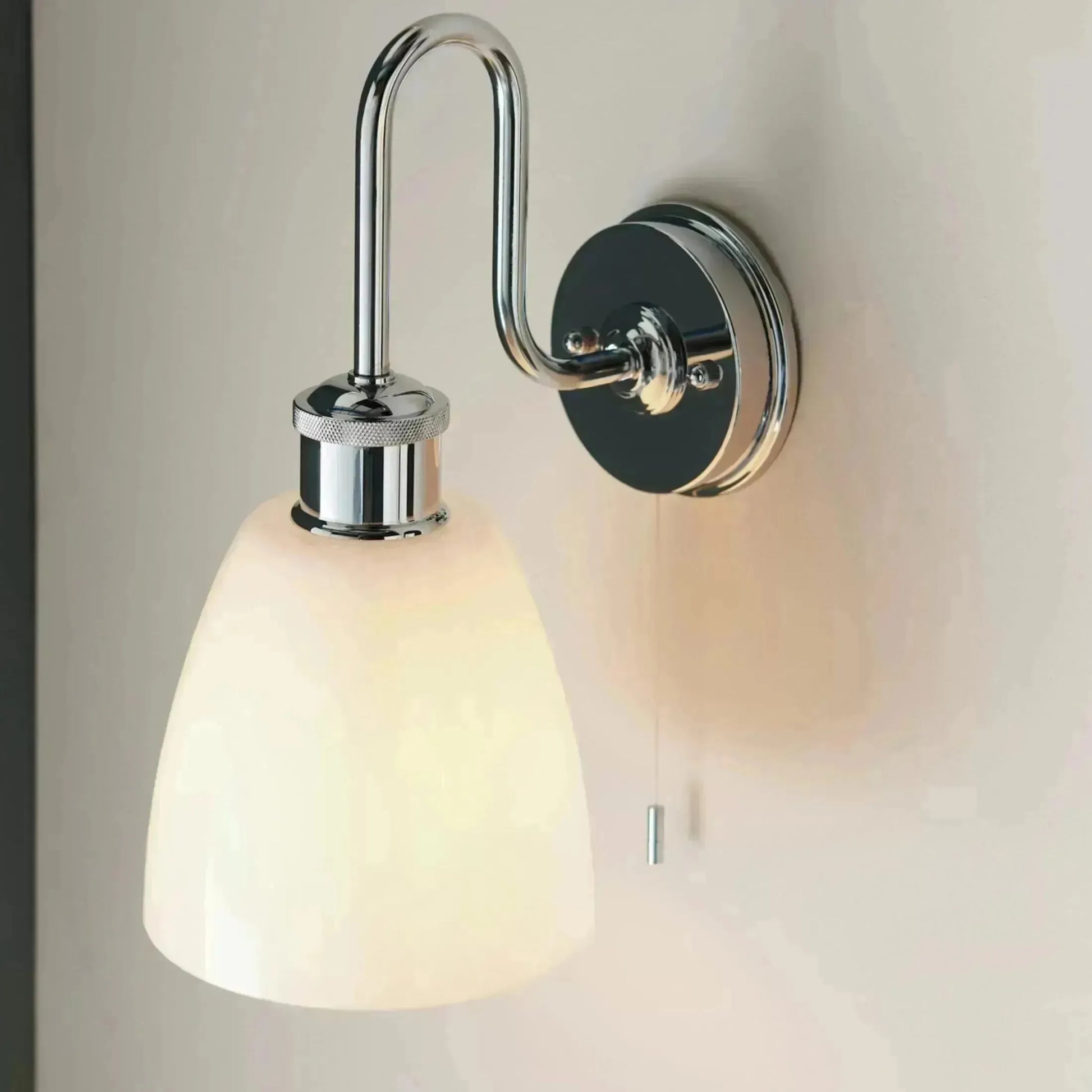 Chrome & Opaque Glass Shade Bathroom Swan Neck Wall Light - The Farthing