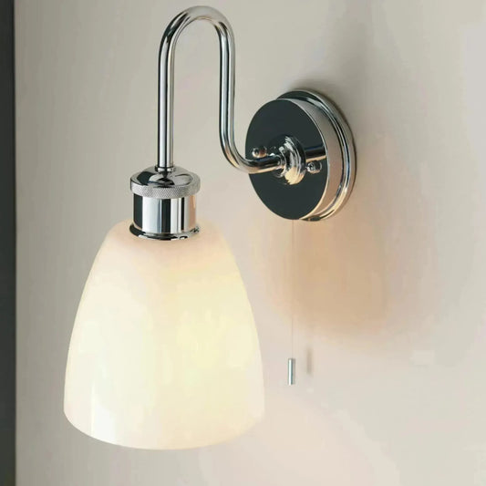 Chrome & Opaque Glass Shade Bathroom Swan Neck Wall Light - The Farthing