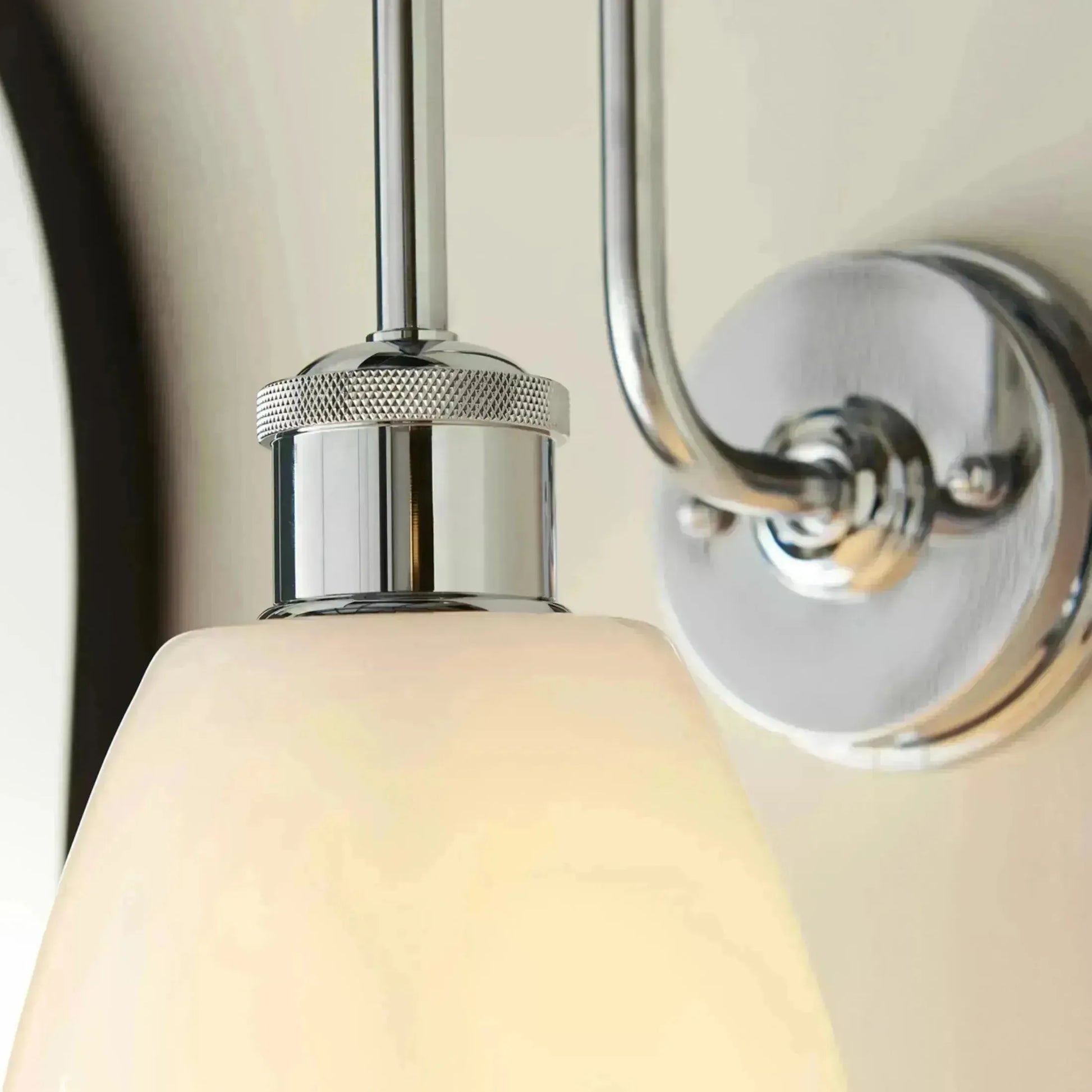 Chrome & Opaque Glass Shade Bathroom Swan Neck Wall Light - The Farthing