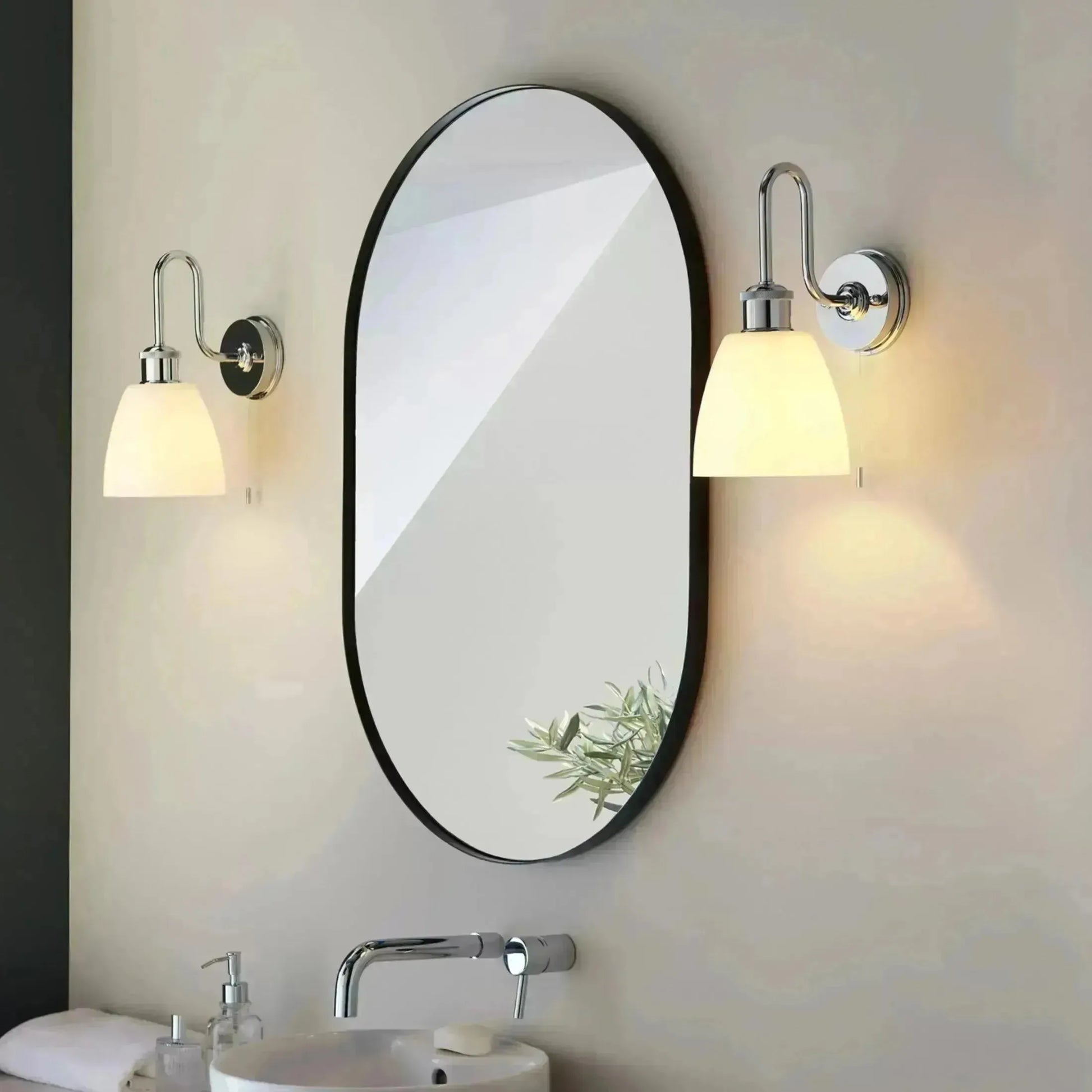 Chrome & Opaque Glass Shade Bathroom Swan Neck Wall Light - The Farthing