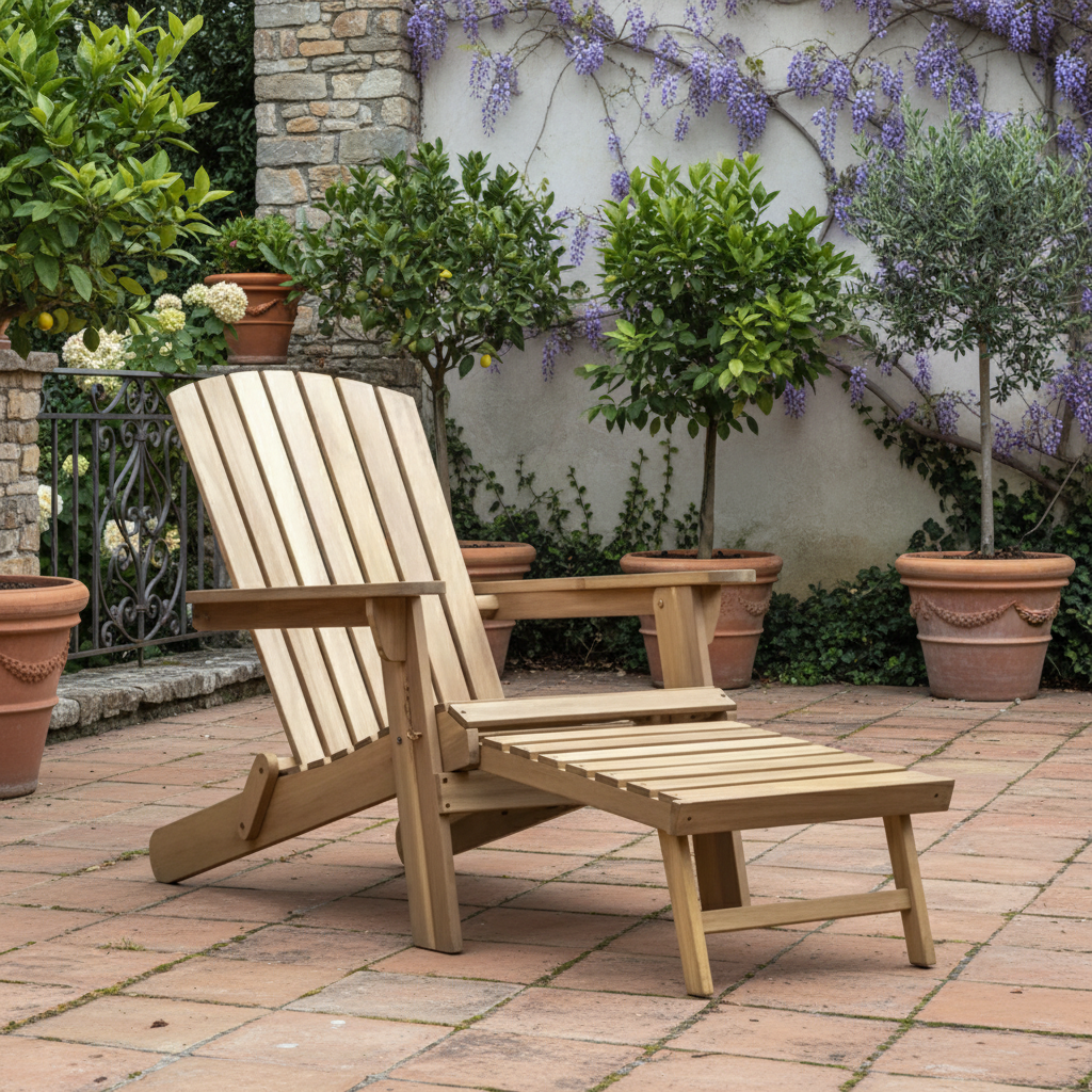 Wooden lounge chair on a patio with plants and a stone wall in the background