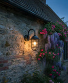 Stone building with a wall-mounted lantern and flowering plants at dusk.