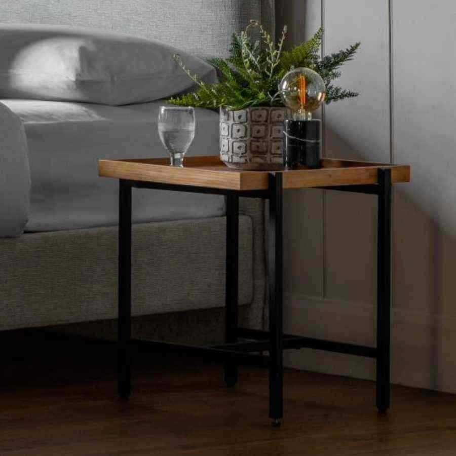 Contemporary Black Metal and Oak Topped Side Table - The Farthing