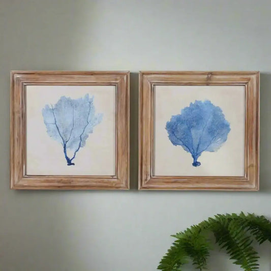 Two framed artworks of blue coral on a white background