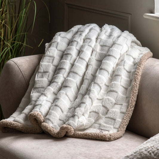 Cream Chequered & Beige Teddy Throw - The Farthing