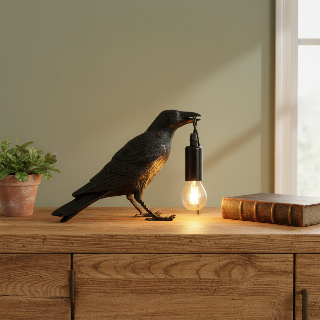 Decorative lamp shaped like a crow with a light bulb in its mouth on a neutral background