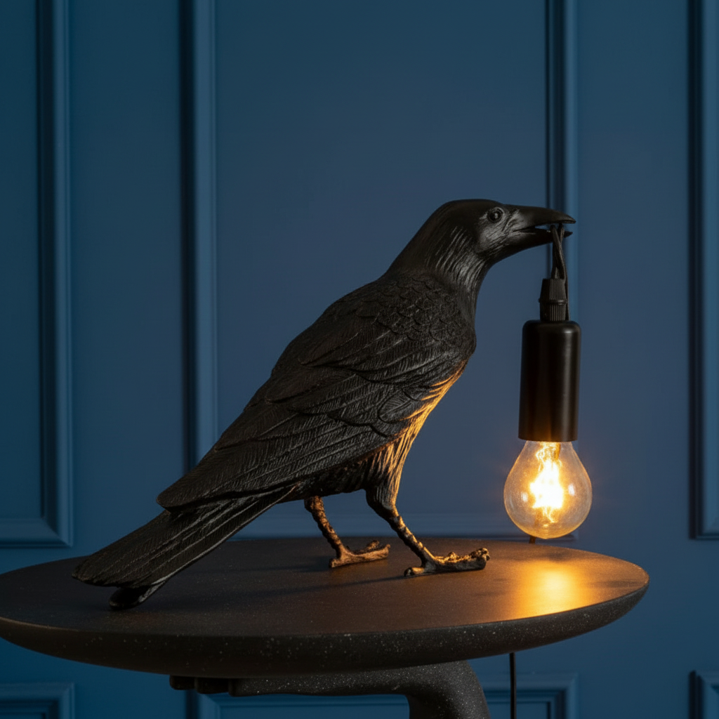 Decorative crow lamp with a light bulb on a dark background