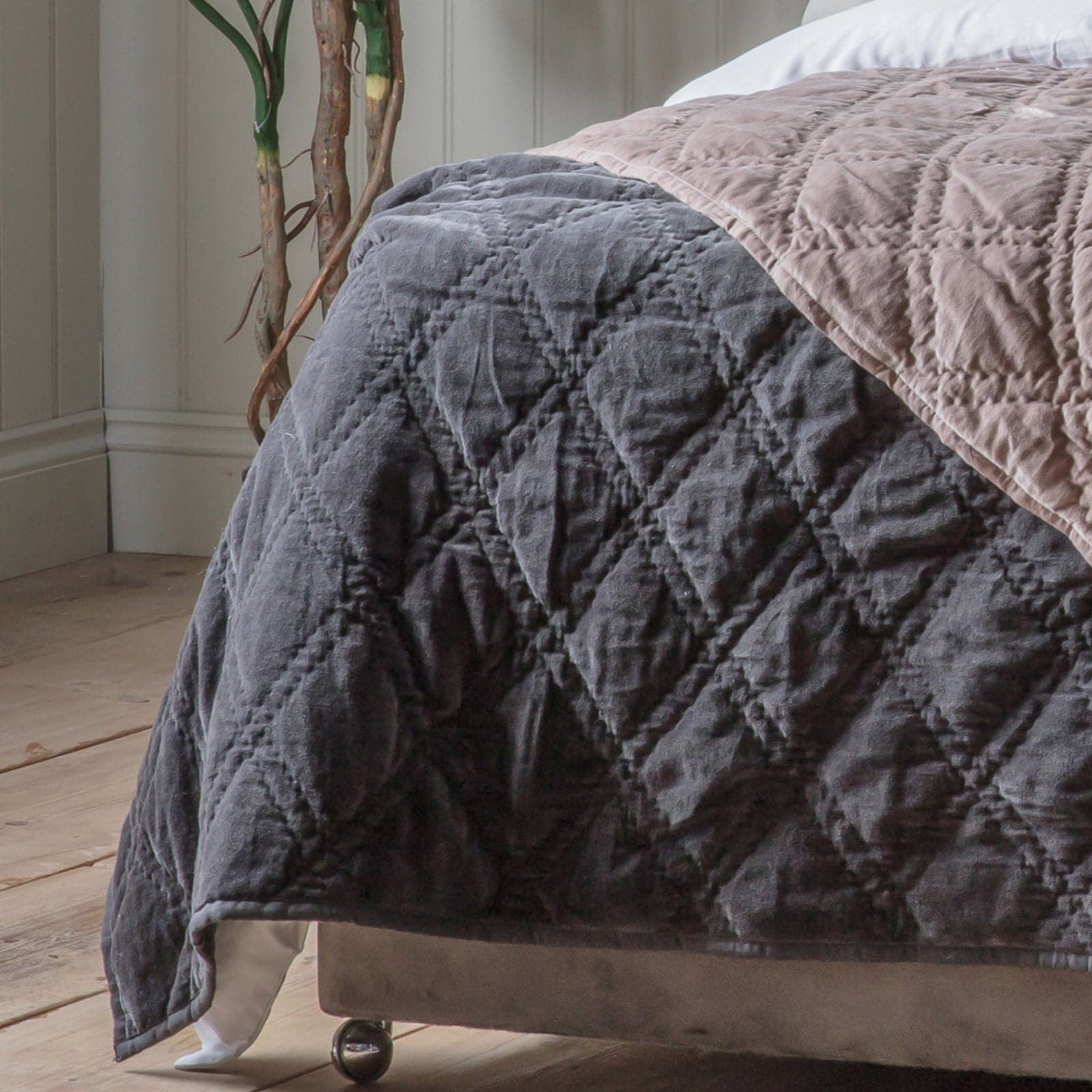 Dark Charcoal Quilted Diamond Bedspread - The Farthing