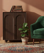 Green armchair next to a wooden cabinet with books and a plant on a patterned rug.