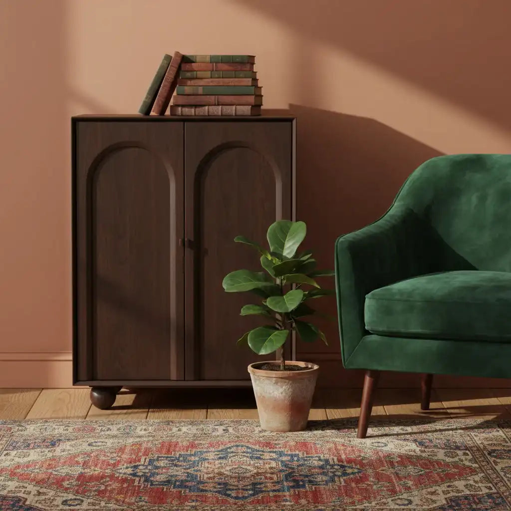 Green armchair next to a wooden cabinet with books and a plant on a patterned rug.