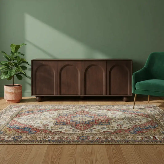 Living room with a wooden sideboard, green armchair, and patterned rug.