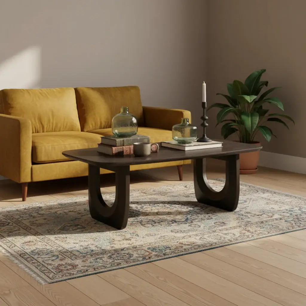 Modern coffee table with decorative items on a white background