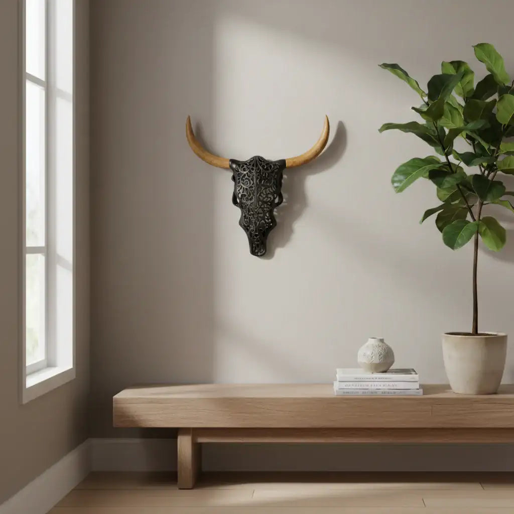 Decorative bull skull on a wall above a wooden bench with a plant and small decor items.
