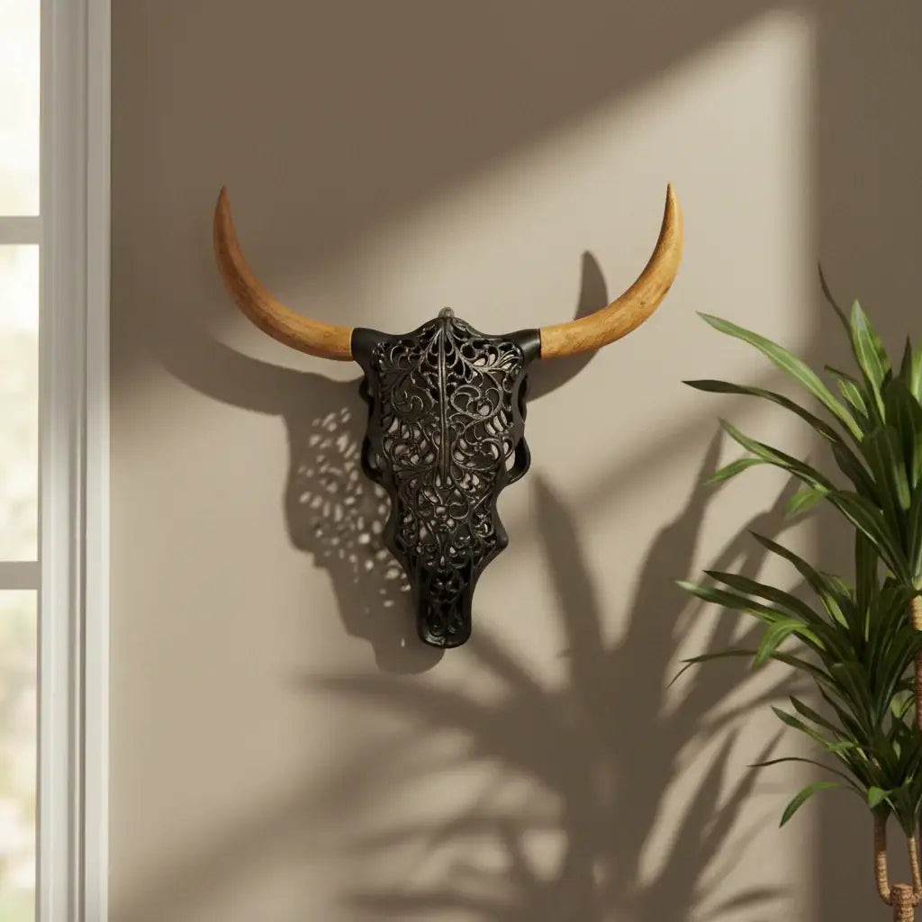 Decorative bull skull with wooden horns on a wall next to a plant