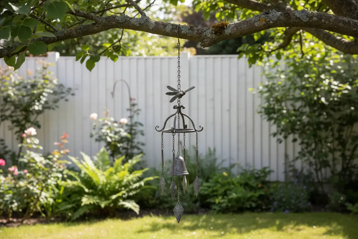 Decorative wind chime hanging from a tree branch in a garden setting.