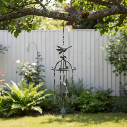 Decorative wind chime hanging from a tree branch in a garden setting.
