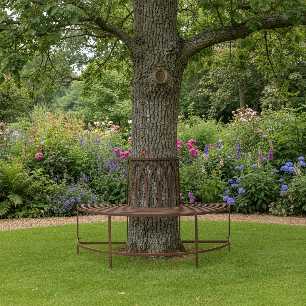 Distressed Brown Outdoor Semi Circle Tree Bench Seat