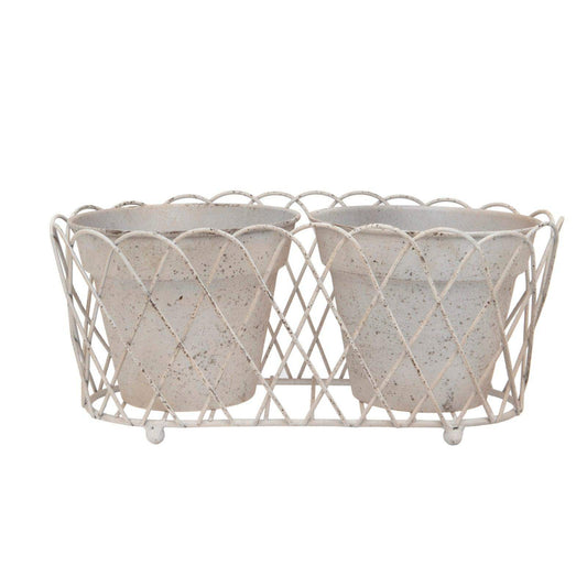 Distressed Creamy White Lattice Metal Plant Pot - The Farthing