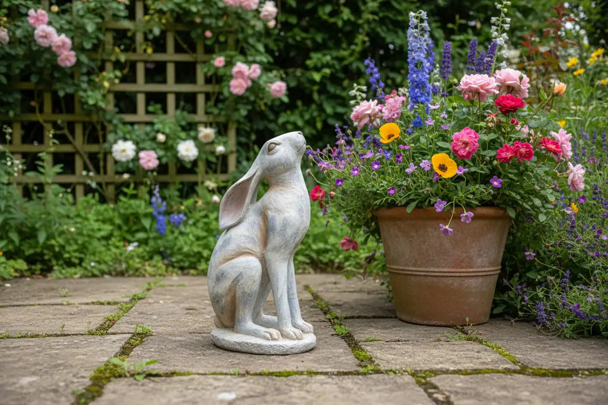 Statue of a rabbit in a garden with flowers and a wooden fence in the background
