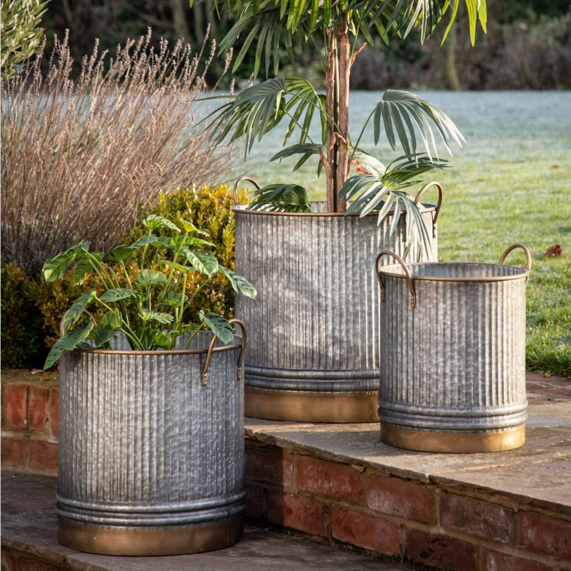 Distressed Gold and Metal Fluted Planter Set - 3 - The Farthing