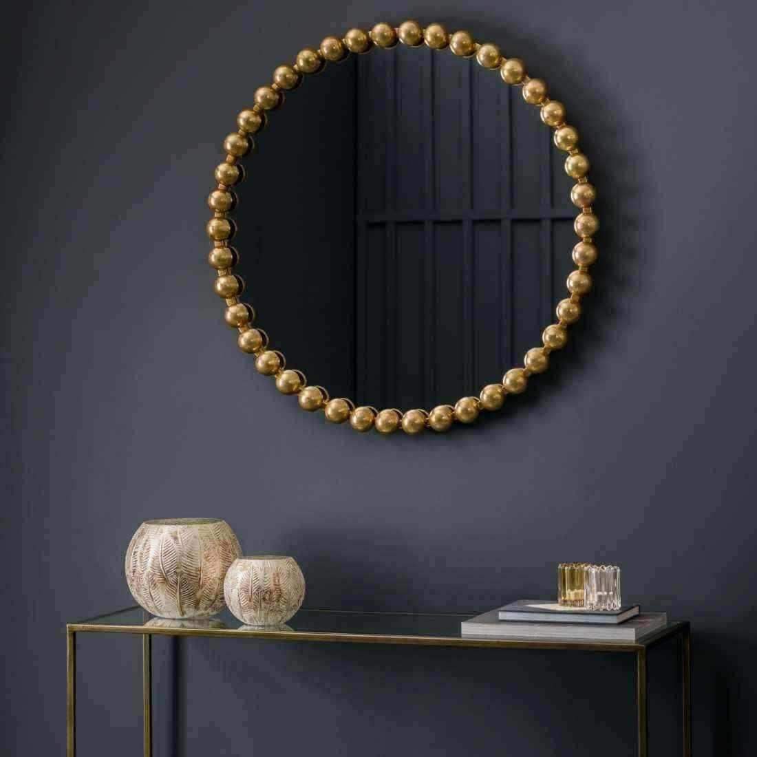 Distressed Gold Large Beaded Round Mirror - The Farthing