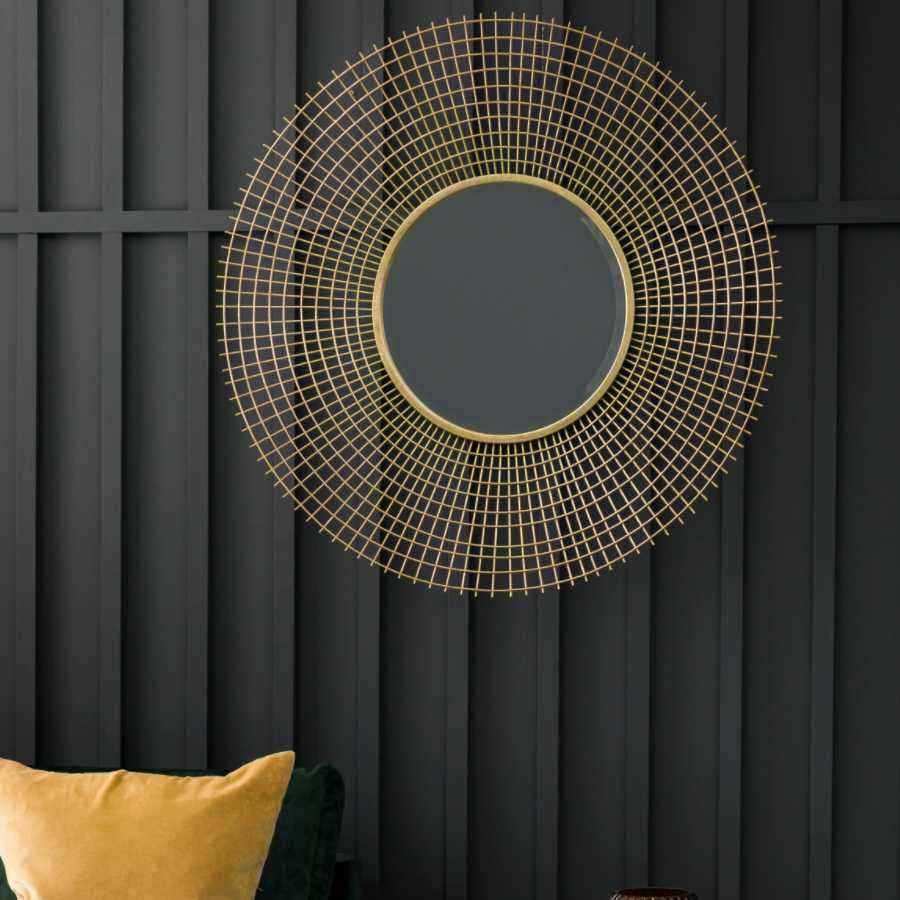 Distressed Gold Radial Wire Metal Round Mirror - The Farthing