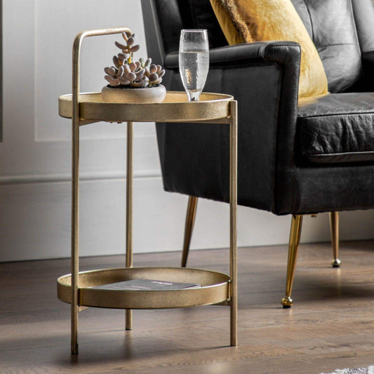 Distressed Gold Round Two Tier Side Table - The Farthing