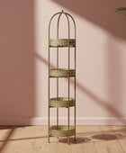 Decorative metal shelf against a pink wall with a plant on a wooden floor.