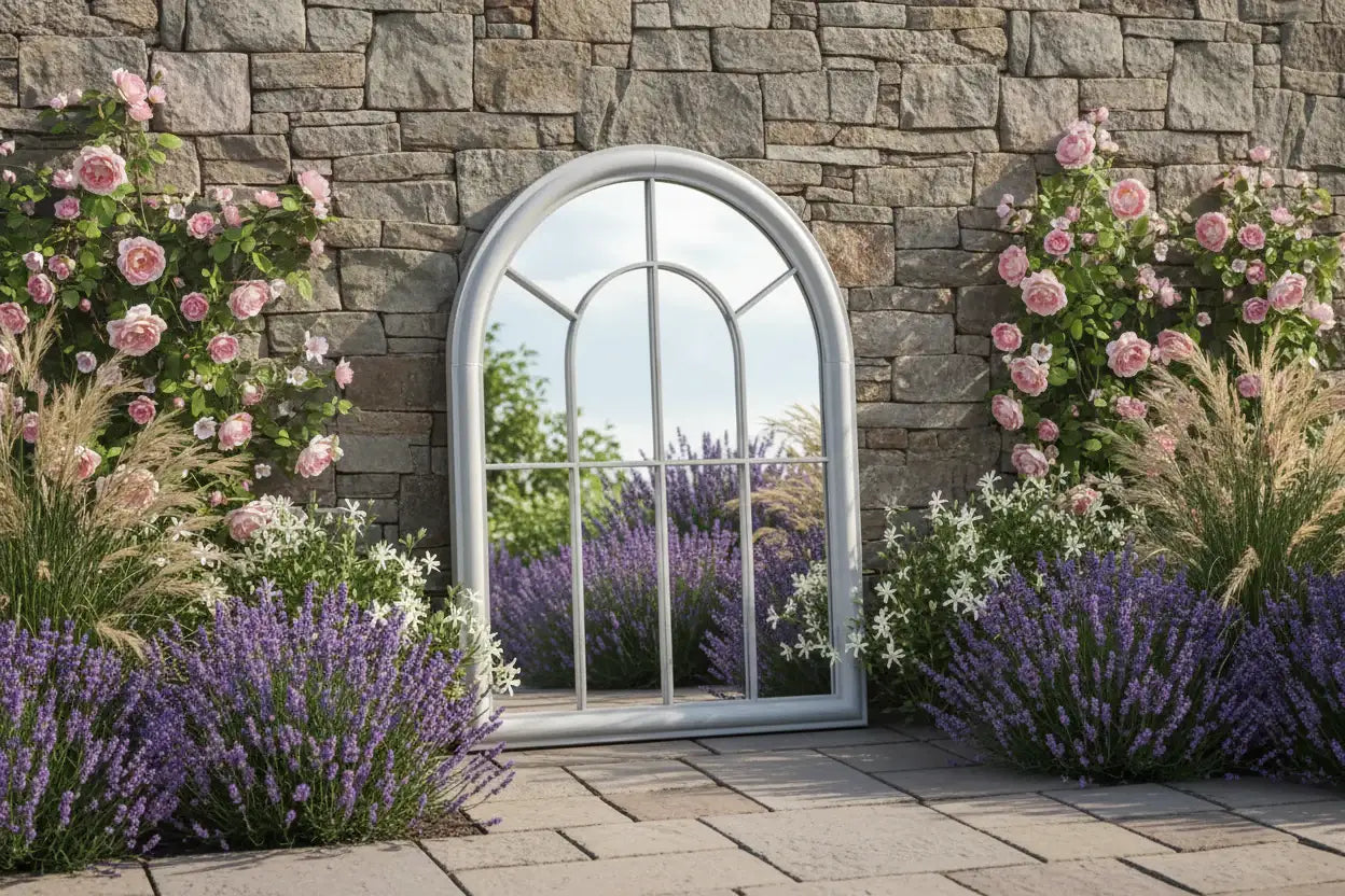 Decorative garden scene with stone wall, arched window, and flowers.